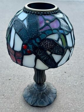 Tiffany-style stained glass dragonfly tea light candle holder